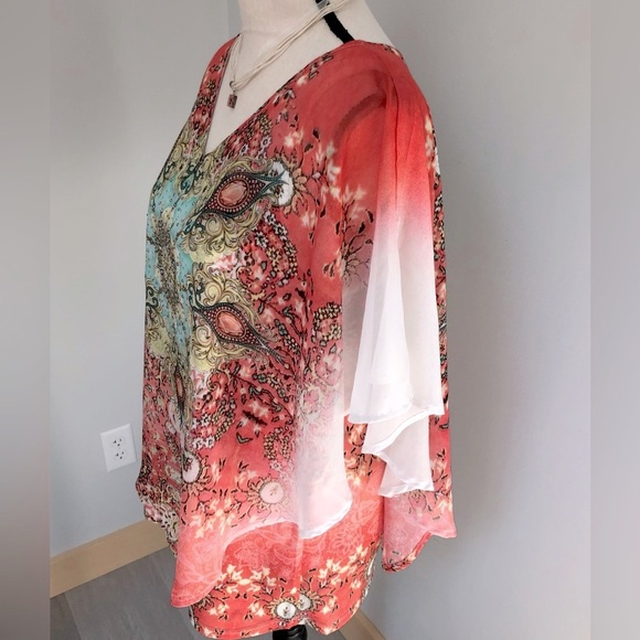 Westport Orange Print Boho Butterfly Sleeve Top Size Large - Picture 3 of 7